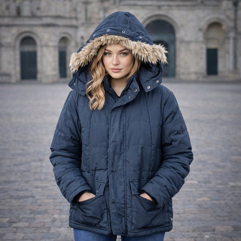 Uniqlo Down Fill Winter Parka Jacket Detachable Faux Fur Hood Navy Blue #A1755 - Picture 1 of 10